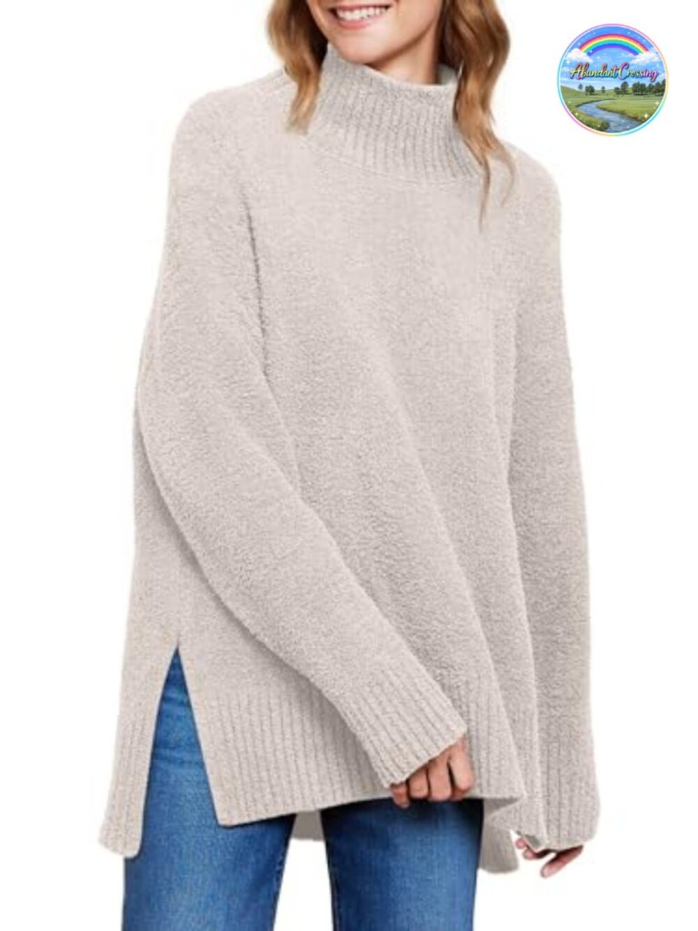 Oversized Turtleneck Sweater Fuzzy Pullover High Low Hem Slit Side